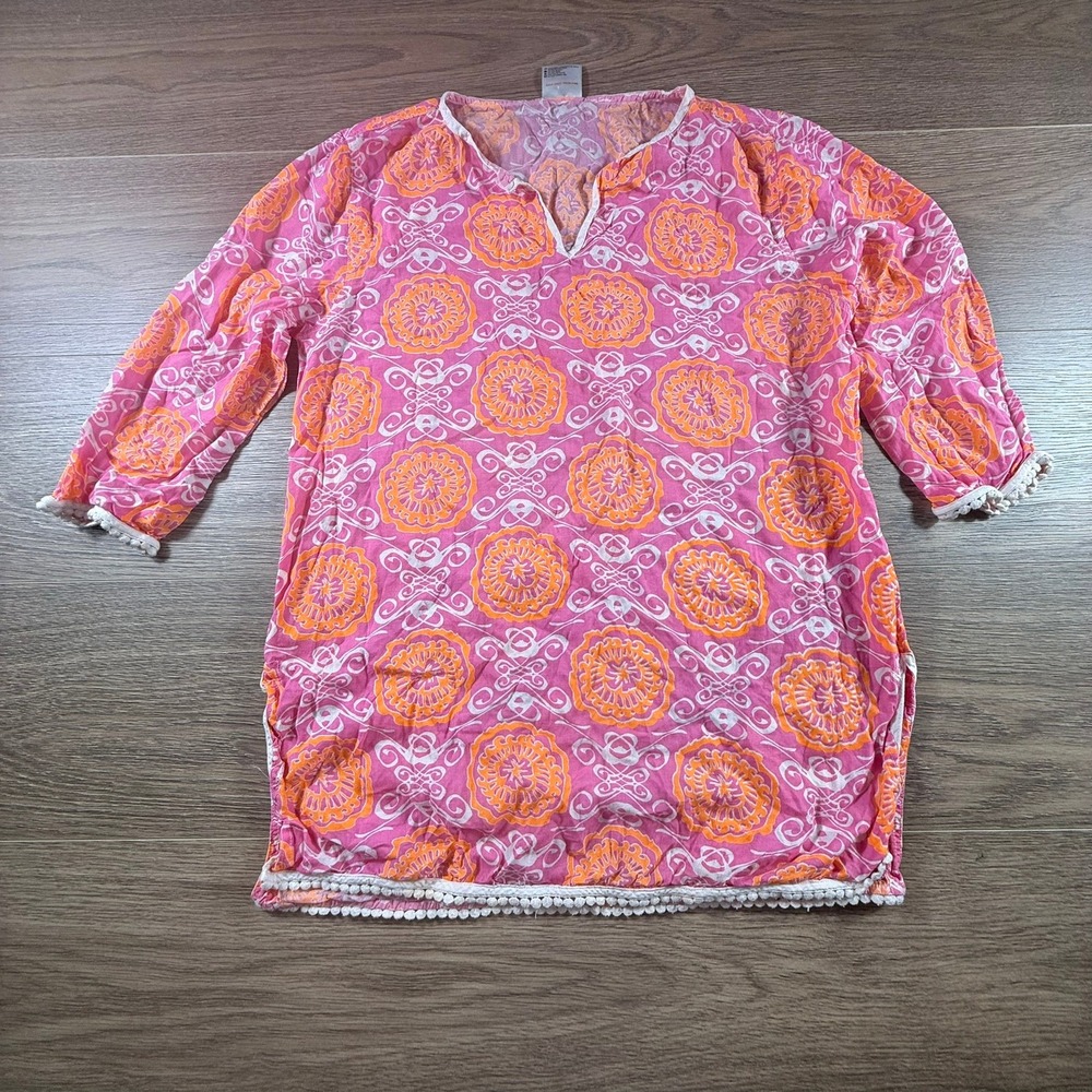 Snapper Rock Girls Pink Orange Medallion Pom Pom Trim Beach Cover Up Tunic 14